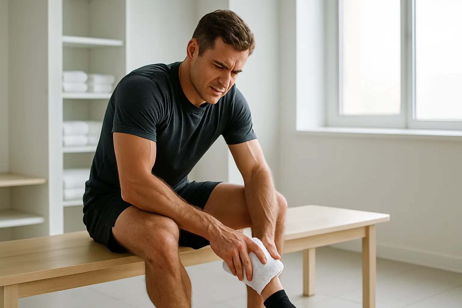 Atleta aplicando compressa de recuperação no tendão do tornozelo após treino, demonstrando a importância do cuidado com tendões e articulações
