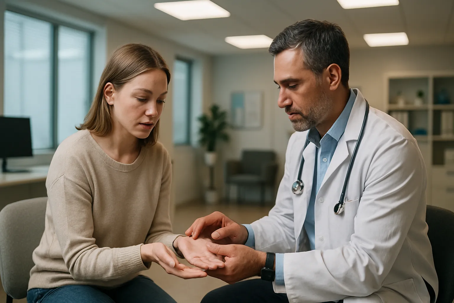 Profissional de saúde avaliando paciente para sinais clínicos de deficiência de vitamina B12