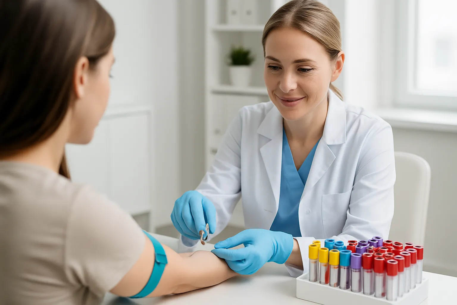 Profissional de saúde realizando coleta de sangue para painel hormonal completo, com tubos de ensaio organizados para testes de tireoide e hormônios sexuais em consultório médico moderno