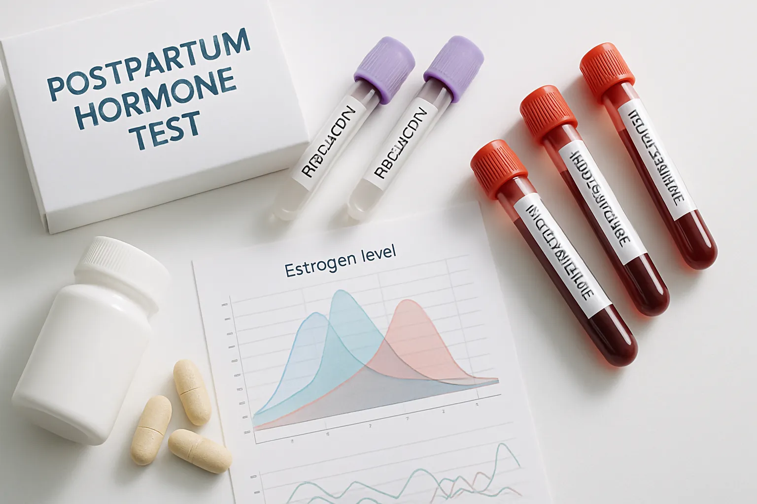 Kit de testes hormonais pós-parto com tubos para prolactina, estrogênio e testosterona organizados em superfície clínica