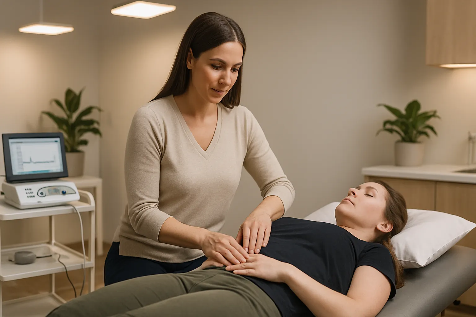 Fisioterapeuta especializada realizando avaliação do assoalho pélvico com equipamento de biofeedback em ambiente clínico acolhedor