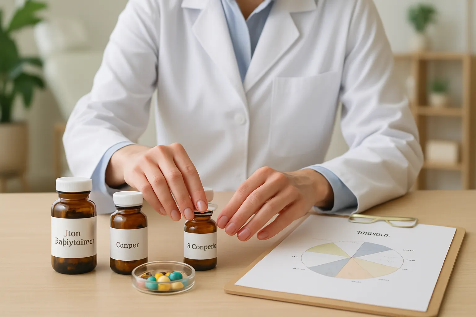 Avaliação Personalizada de Suplementação Profissional de saúde preparando protocolo personalizado de suplementação de ferro com diferentes formas e cofatores essenciais