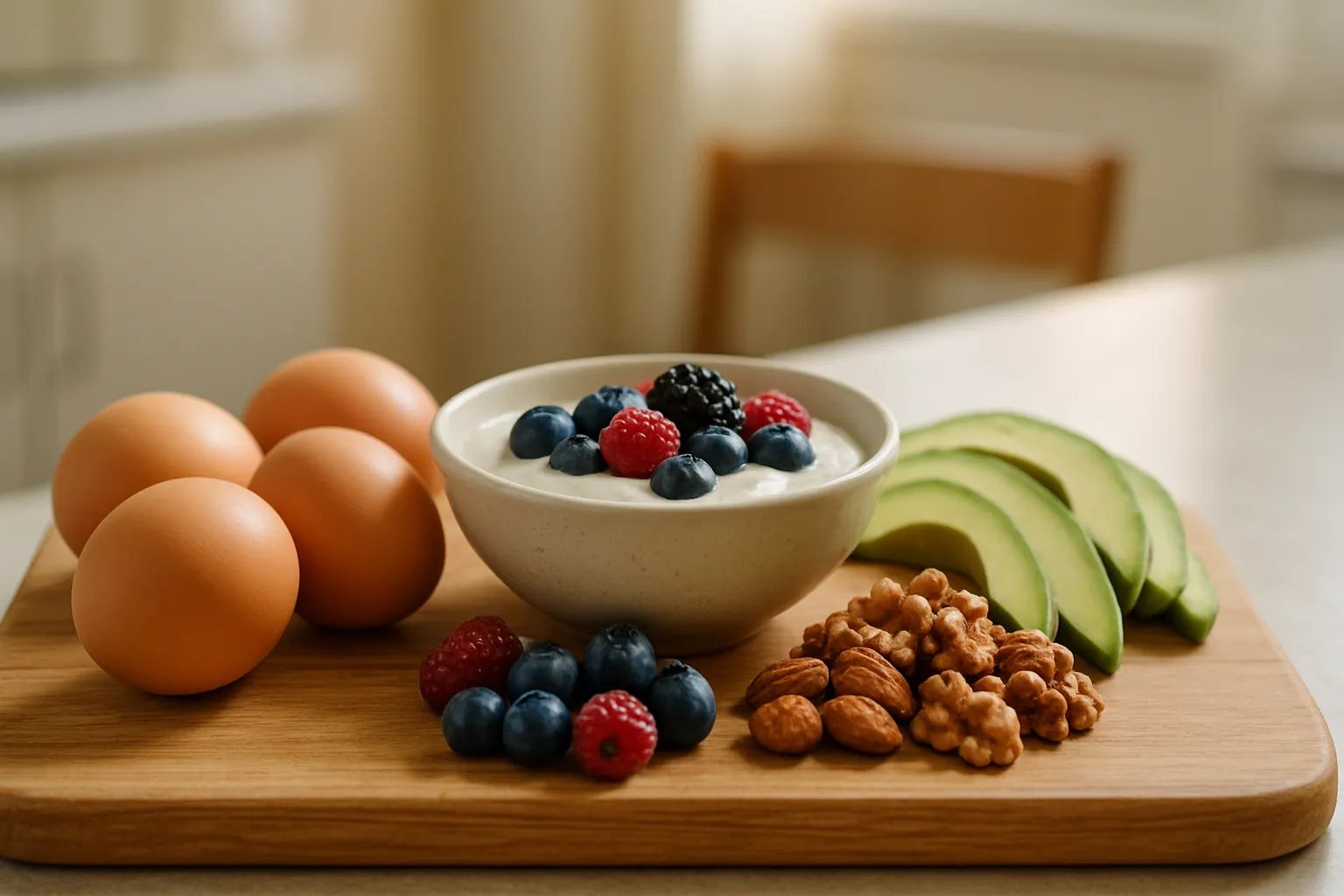 Preparação de café da manhã nutritivo com ovos, iogurte grego, frutas e oleaginosas, representando refeição essencial para grupos específicos