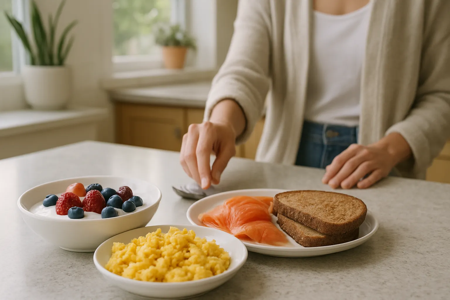Café da manhã rico em proteínas com ovos, iogurte grego e salmão, mostrando a distribuição ideal de proteína para mulheres na menopausa