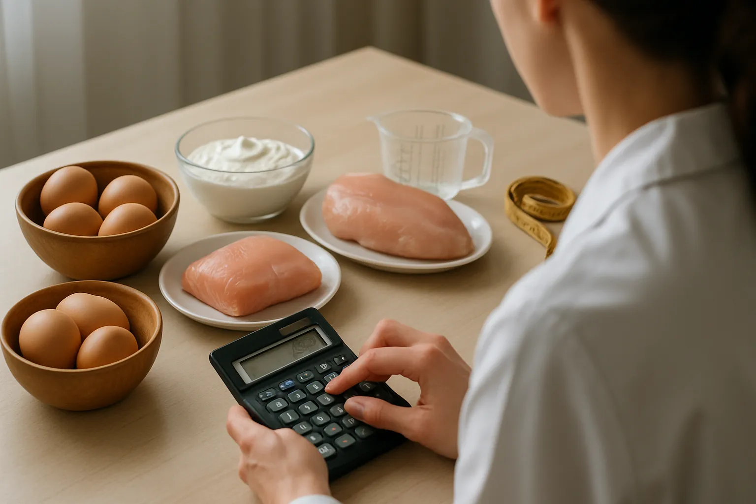 Calculadora Nutricional e Alimentos Proteicos Nutricionista calculando necessidades proteicas com alimentos ricos em proteína sobre a mesa