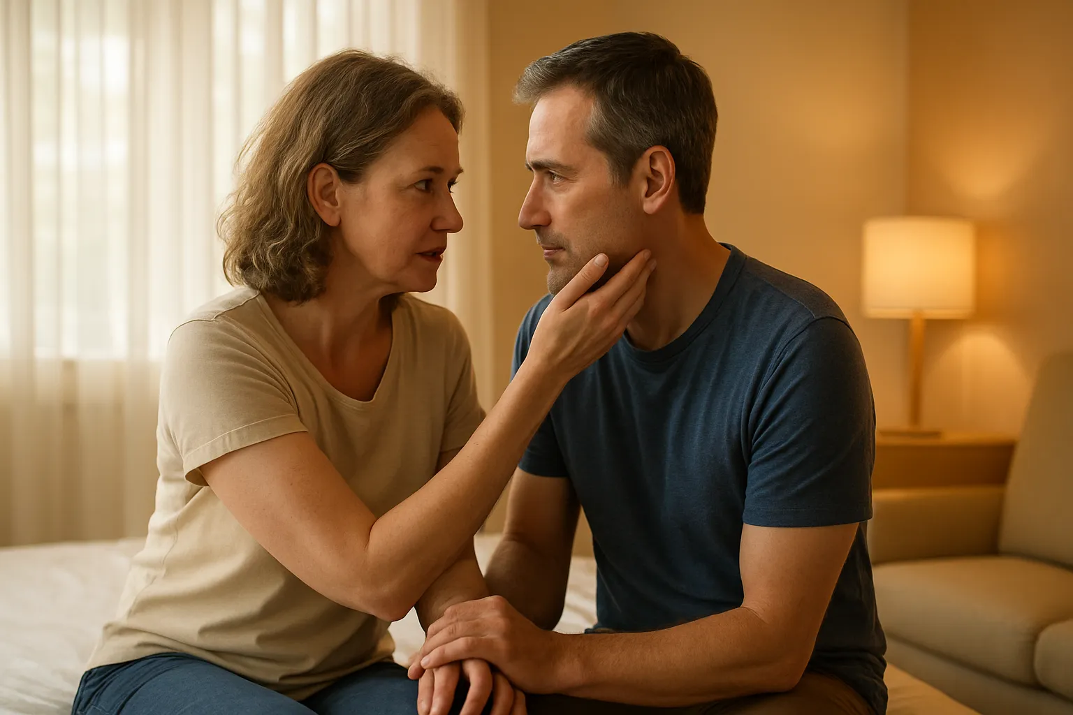 Casal na faixa dos 40 anos em momento íntimo de reconexão emocional, sentados próximos na cama com contato visual profundo e toque gentil