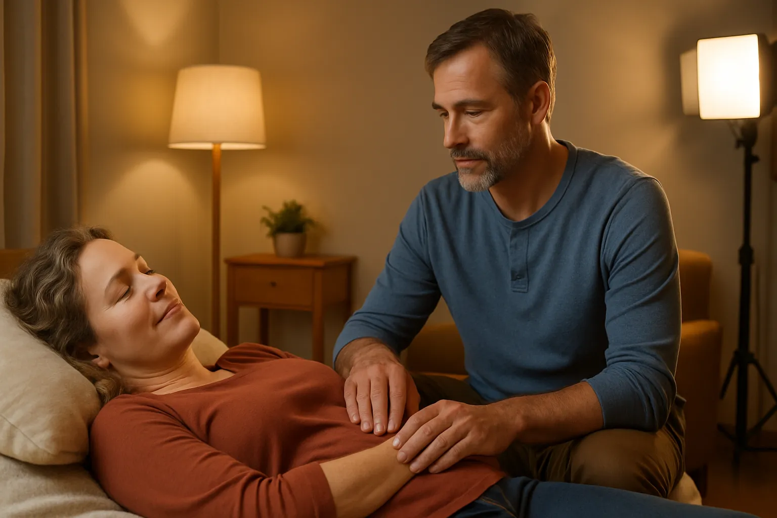 Casal na faixa dos 40 anos praticando toque consciente terapêutico para construir intimidade e desejo responsivo, em ambiente acolhedor e relaxado