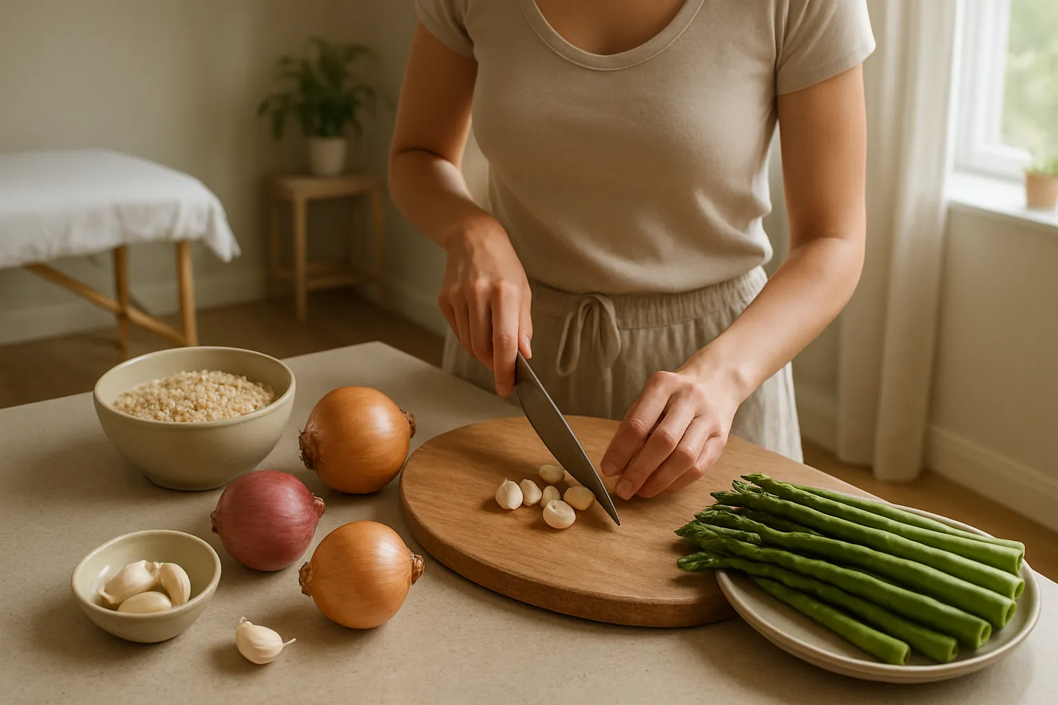 Cliente preparando refeição saudável com alimentos ricos em prebióticos como alho, cebola, aspargos e aveia para controle natural da fome