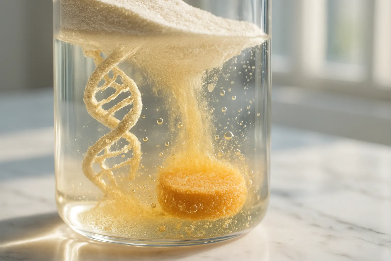 Detalhe macro de suplemento de colágeno em pó dissolvendo em água com comprimido de vitamina C, mostrando a interação molecular entre os nutrientes