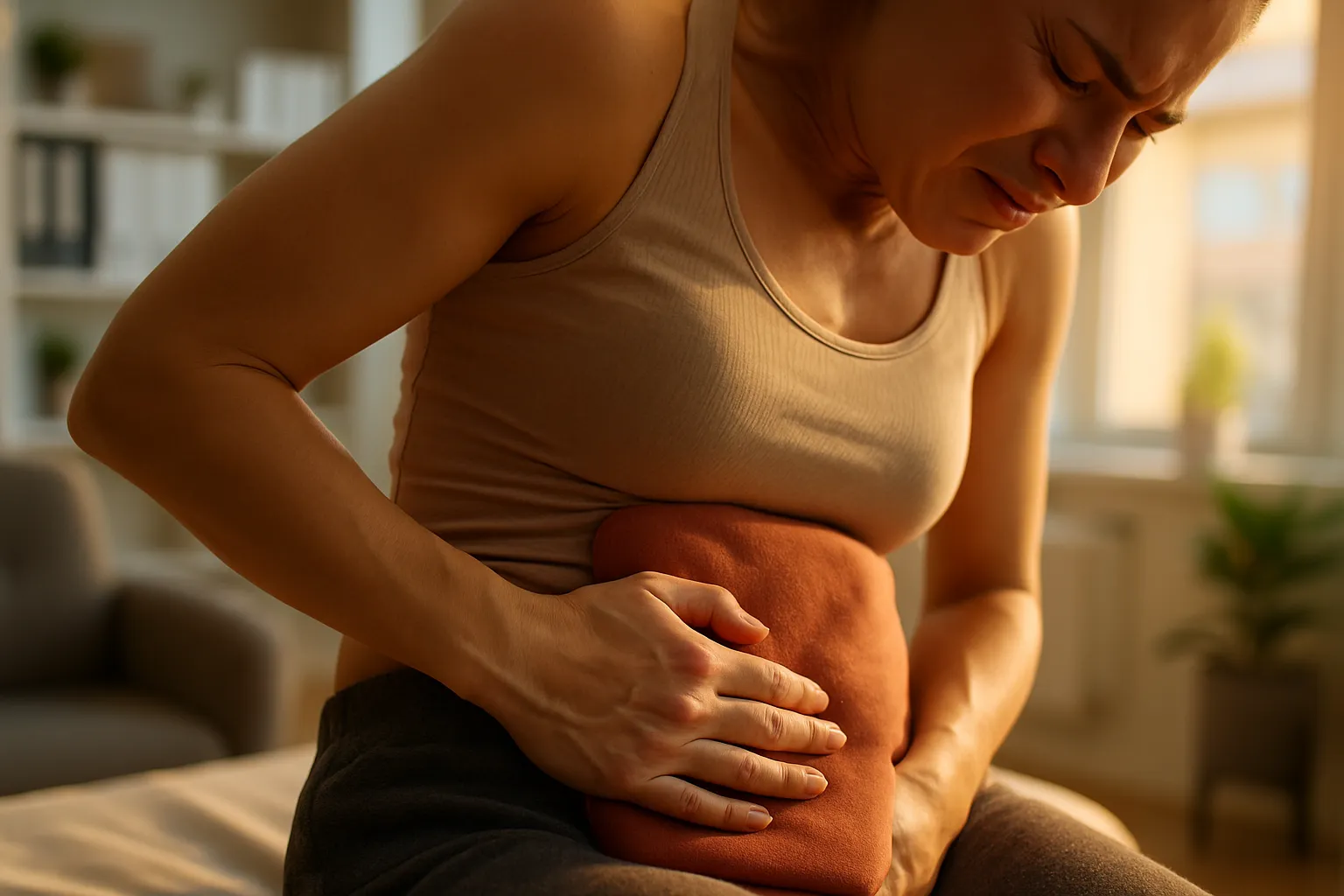 Mulher pressionando bolsa térmica contra abdômen inferior demonstrando sintomas visuais de cólica menstrual intensa e dismenorreia