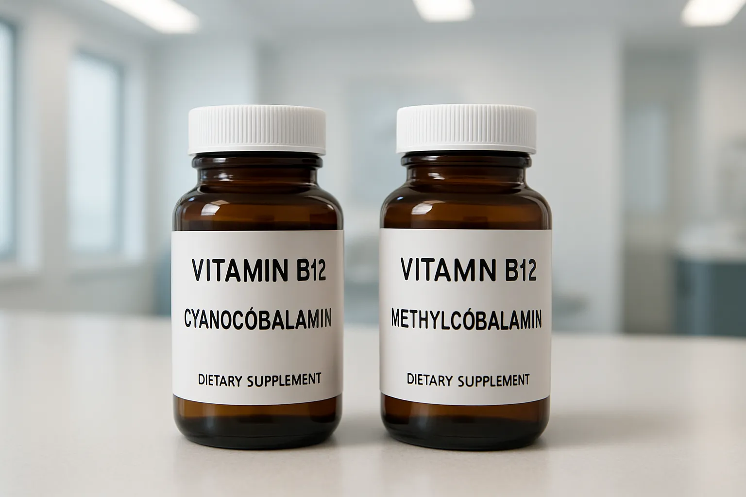 Comparação visual entre frascos de cianocobalamina e metilcobalamina mostrando diferentes formas de vitamina B12