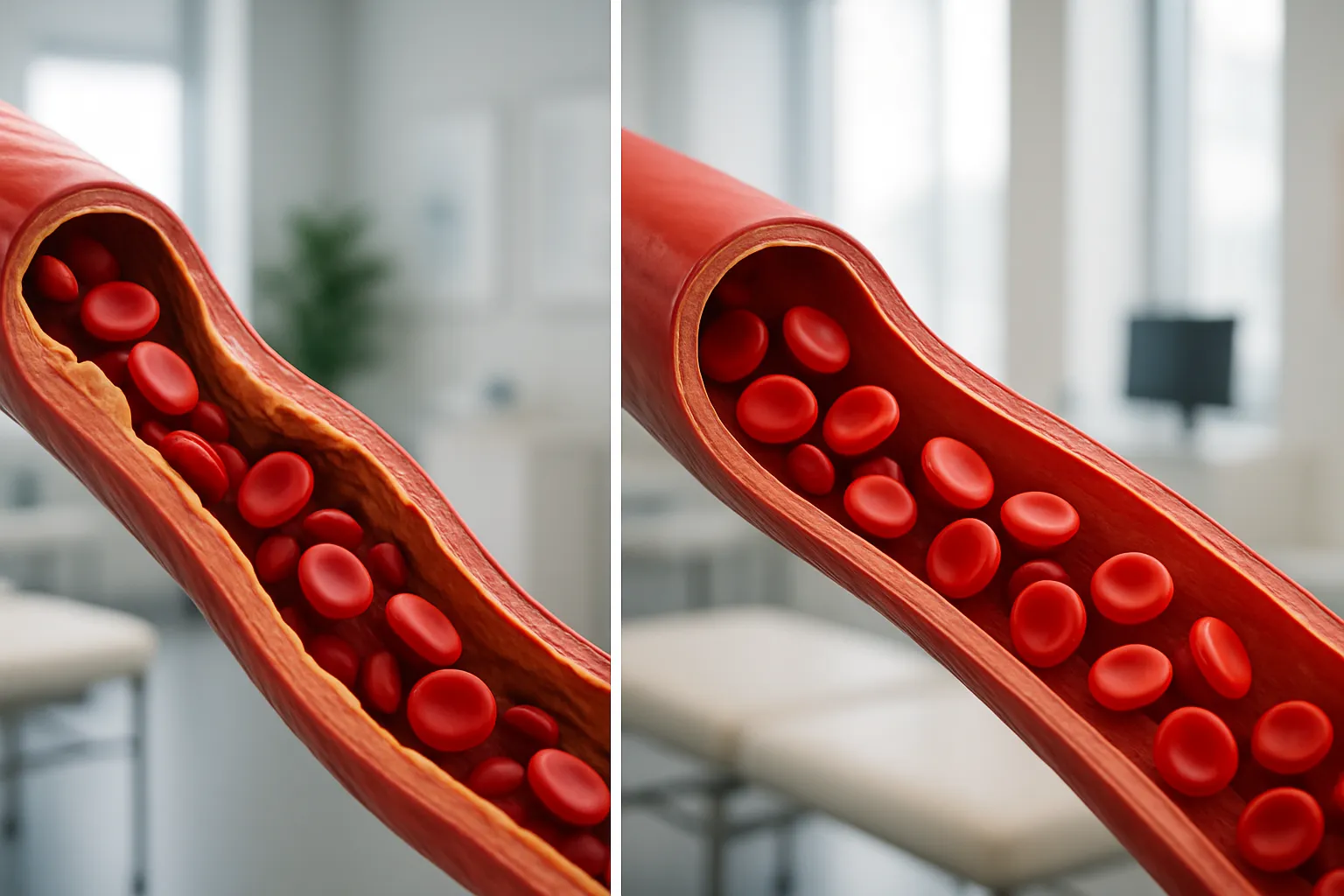 Comparação visual mostrando a diferença entre circulação comprometida com vasos rígidos e circulação otimizada com vasos dilatados e fluxo sanguíneo saudável