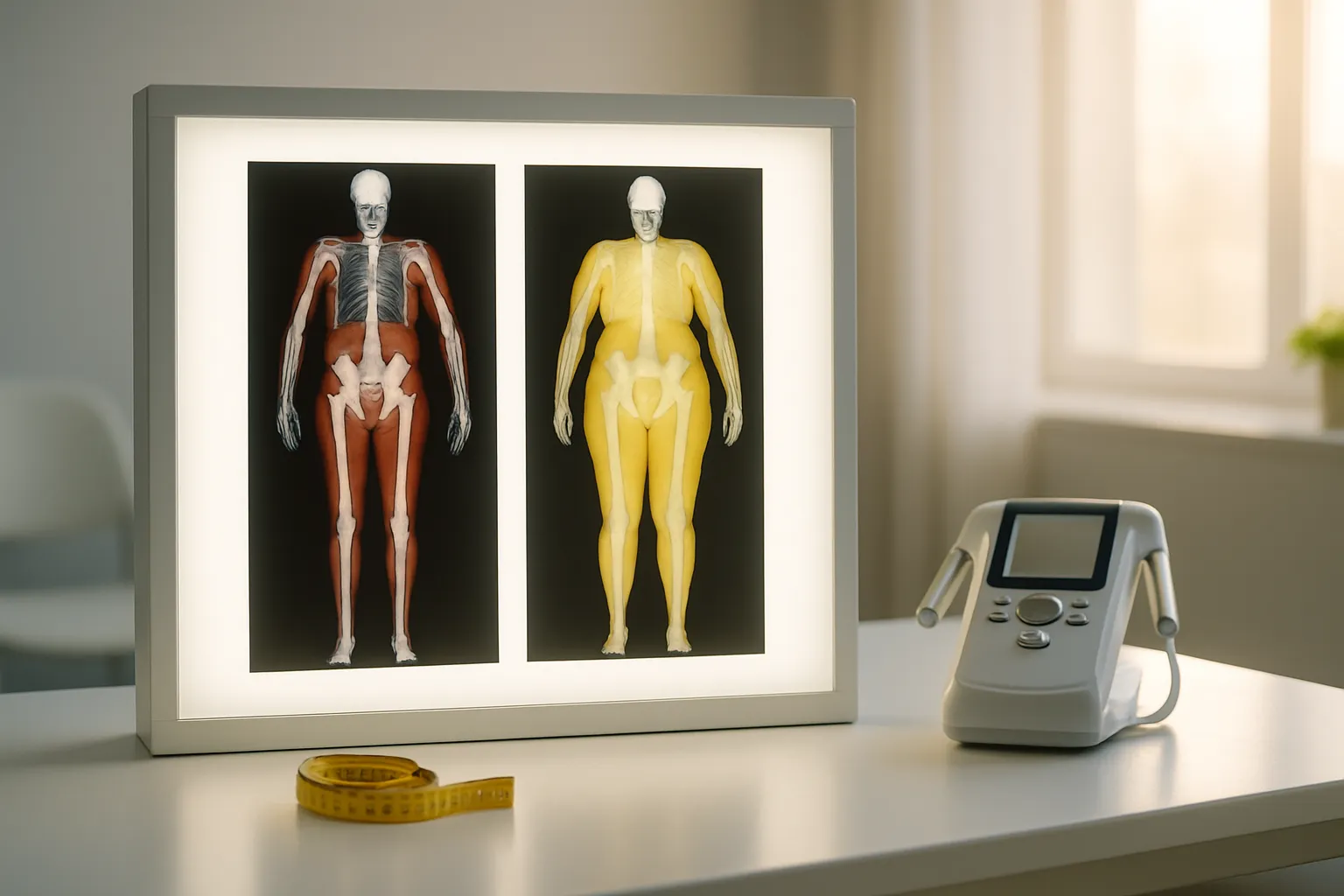 Comparação visual de exames de composição corporal mostrando diferença entre massa muscular e gordura em adultos após 40 anos