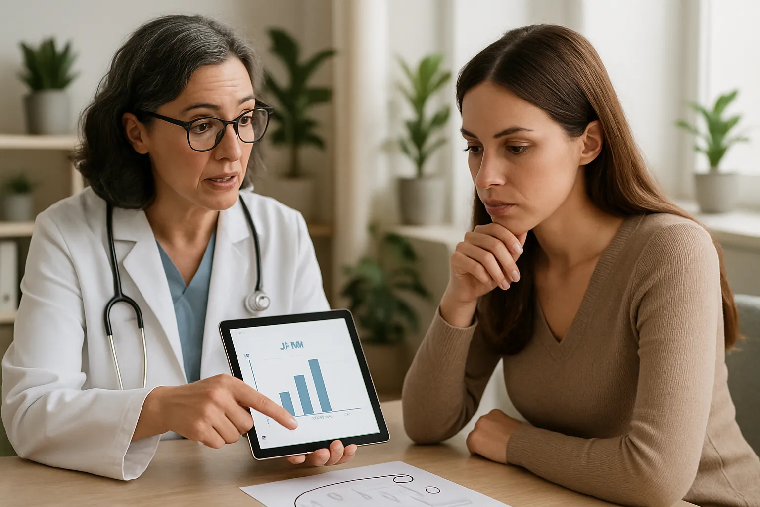 Médica especialista em reprodução explicando resultados de exames de reserva ovariana para paciente interessada em congelamento de óvulos