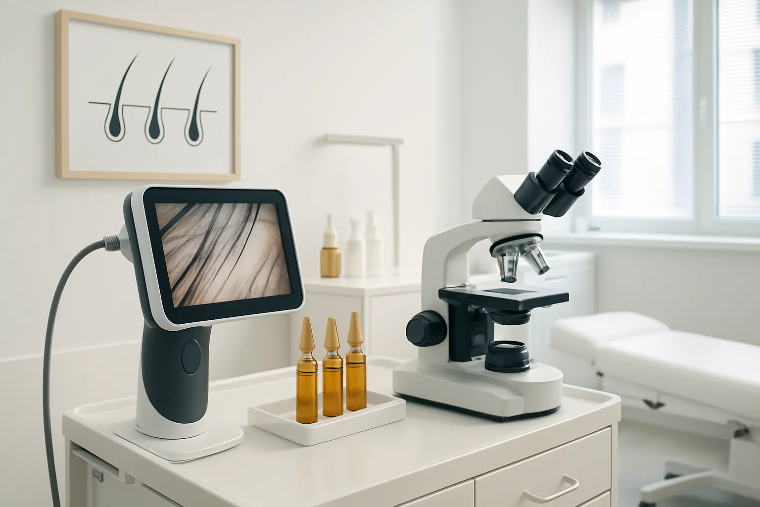 Consultório dermatológico com dermatoscópio digital para análise capilar, ampolas de tratamento hormonal, gráfico de crescimento folicular e microscópio tricológico em ambiente médico moderno