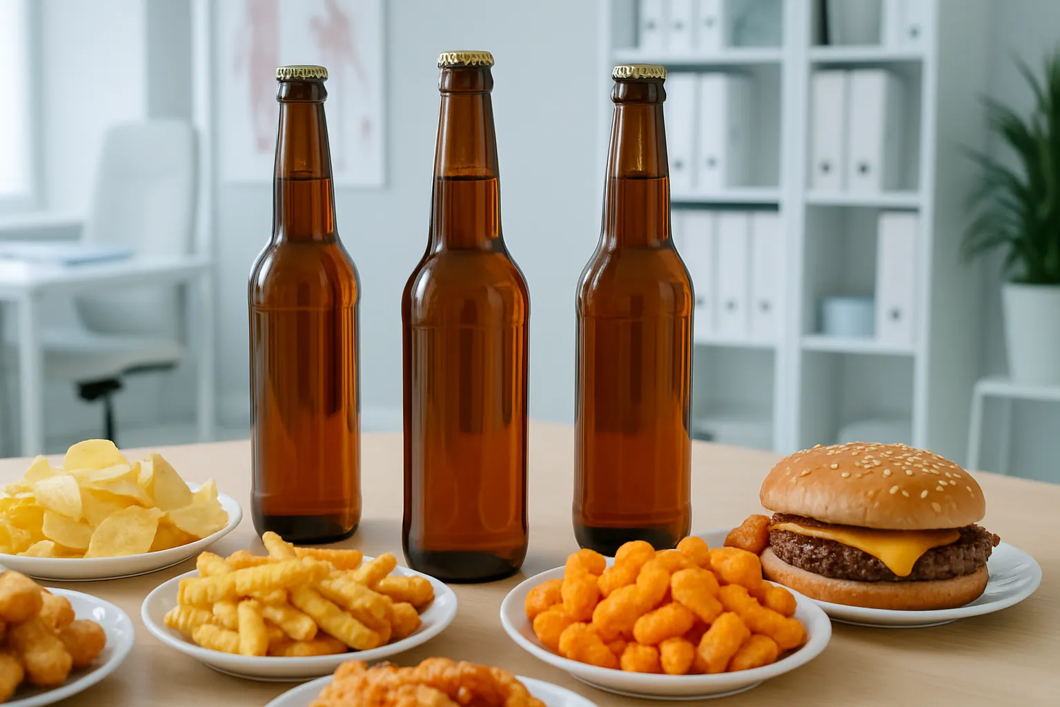 Contexto Social de Consumo com Alimentos Calóricos Garrafas de cerveja cercadas por petiscos calóricos e alimentos fritos em mesa de bar, demonstrando o contexto social de consumo e ingestão calórica associada ao desenvolvimento da barriga de cerveja