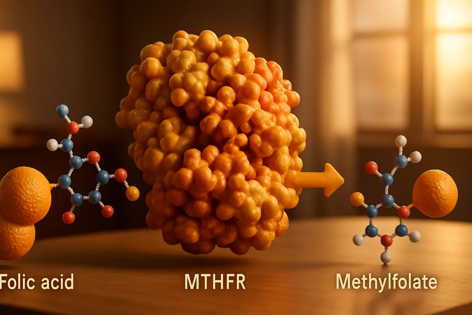 Processo de Conversão Enzimática MTHFR Modelo educacional mostrando o processo de conversão enzimática do ácido fólico em metilfolato através da enzima MTHFR