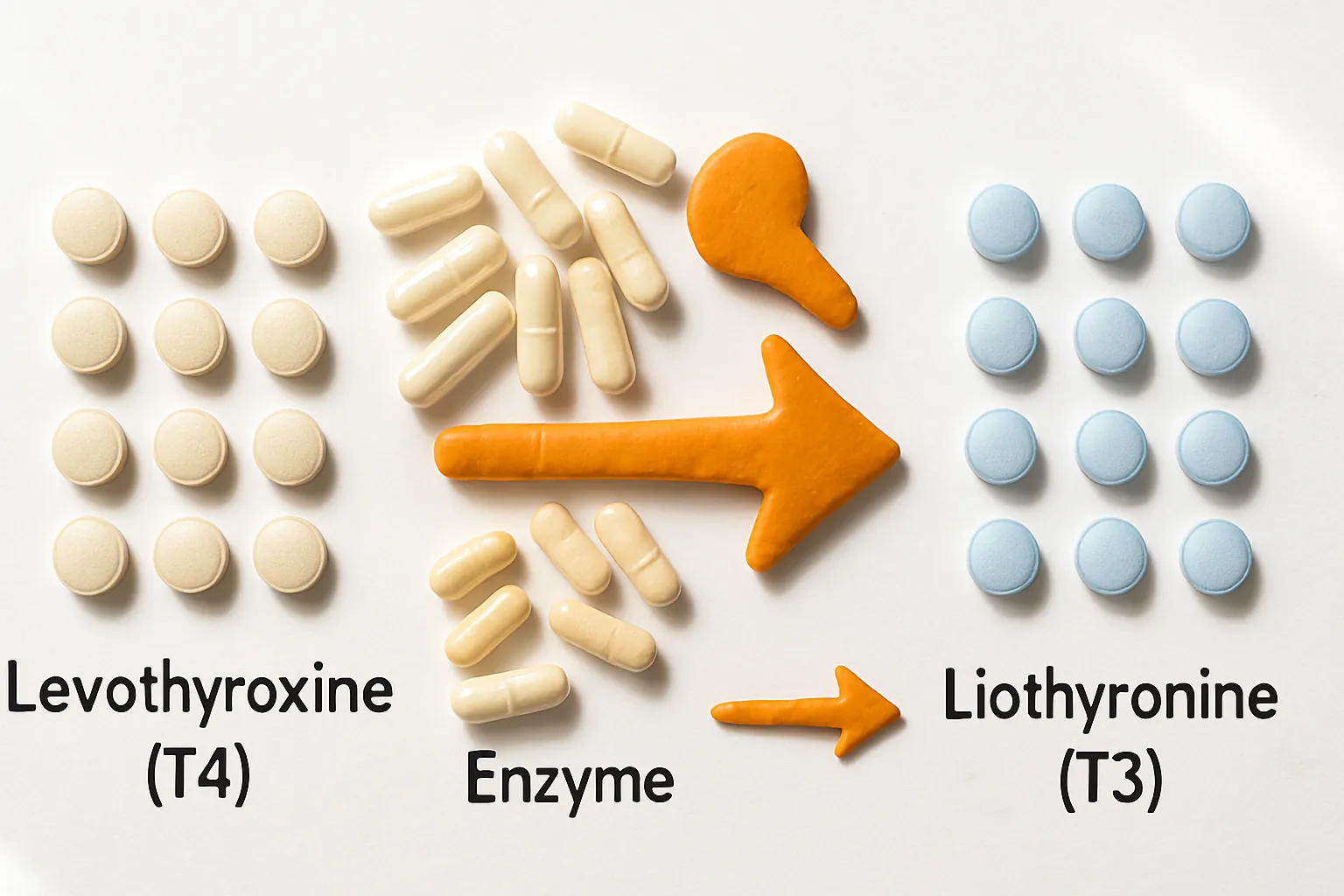 Demonstração visual do processo de conversão de T4 em T3 com comprimidos de hormônios tireoidianos e nutrientes cofatores essenciais