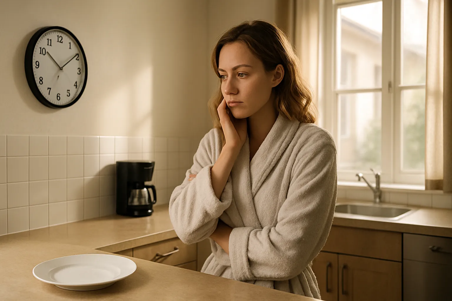 Mulher em momento de decisão matinal sobre tomar ou não café da manhã, ilustrando o dilema pessoal sobre essa refeição