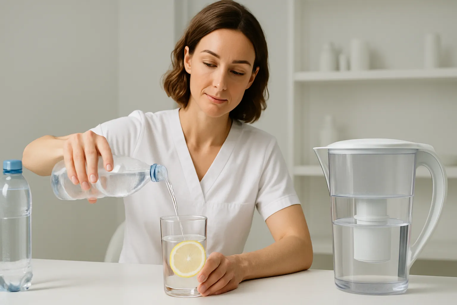 Especialista em wellness demonstrando técnica adequada de hidratação com água mineral e eletrólitos em ambiente clínico profissional