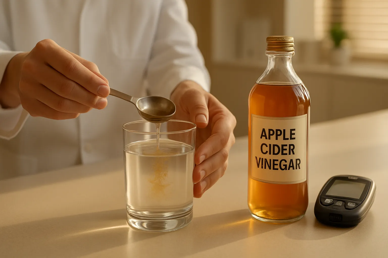 Demonstração profissional de como diluir vinagre em água para controle glicêmico, com medidor de glicose ao fundo em consultório médico moderno