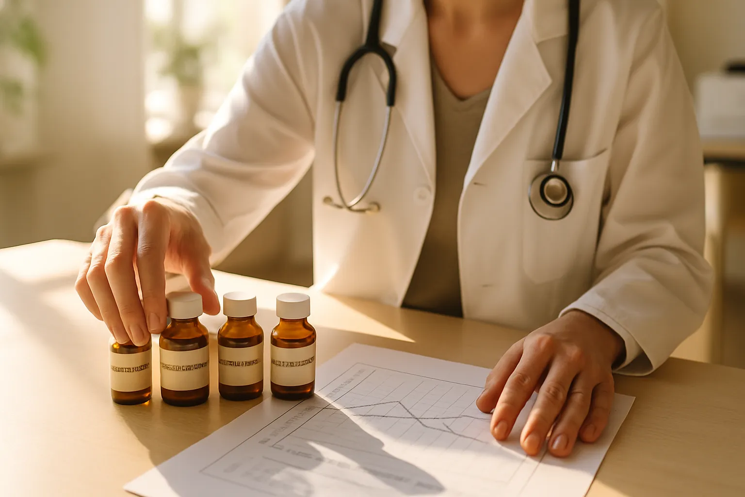 Profissional de saúde preparando protocolo de tratamento com glicocorticoides em baixa dose para hiperplasia adrenal, demonstrando abordagem personalizada