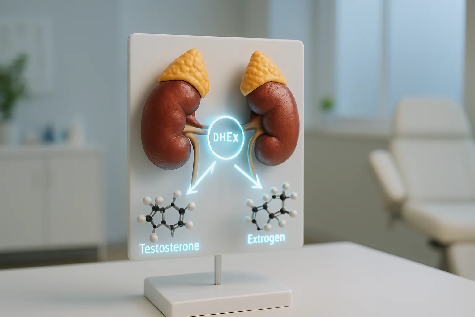Modelo anatômico tridimensional das glândulas adrenais demonstrando a via de conversão do DHEA em hormônios sexuais como testosterona e estrogênio