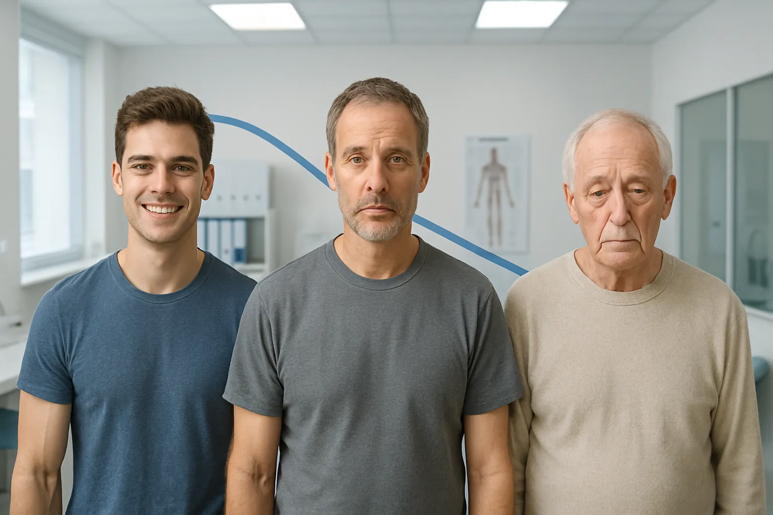 Representação visual da progressão etária mostrando o declínio natural dos níveis de DHEA desde os 25 até os 65 anos e seu impacto na vitalidade