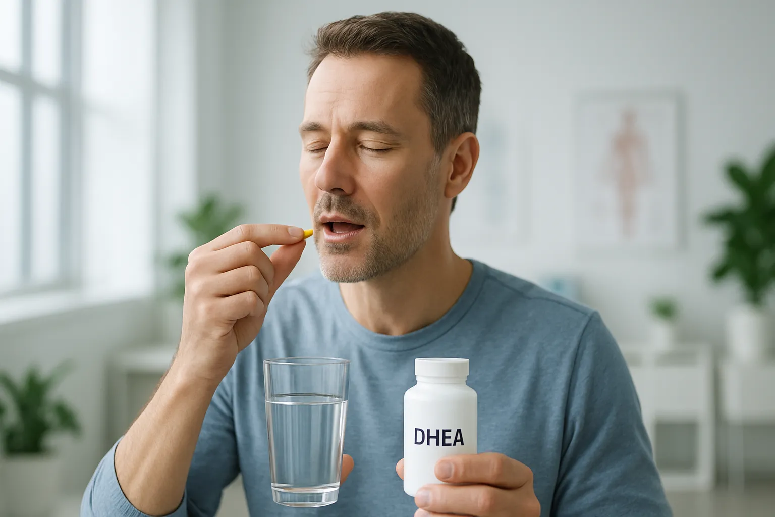 Pessoa realizando reposição de DHEA pela manhã como parte de protocolo hormonal para restauração de vitalidade e energia