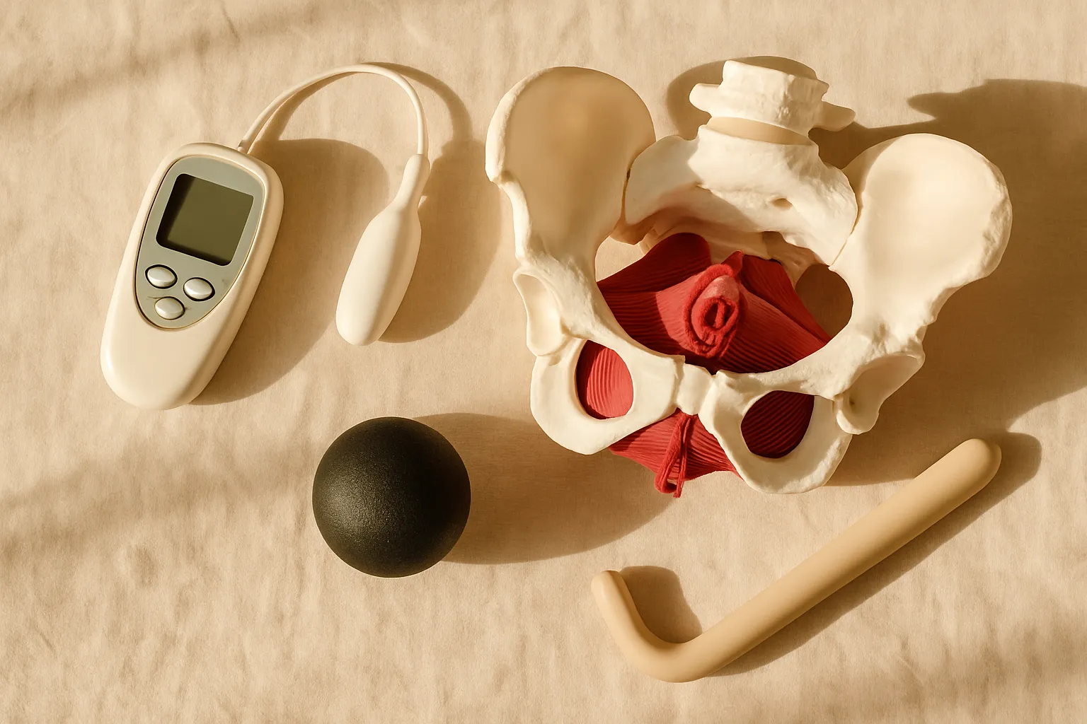 Ferramentas de fisioterapia pélvica incluindo dispositivo de biofeedback, modelo anatômico da pelve e instrumentos para liberação miofascial