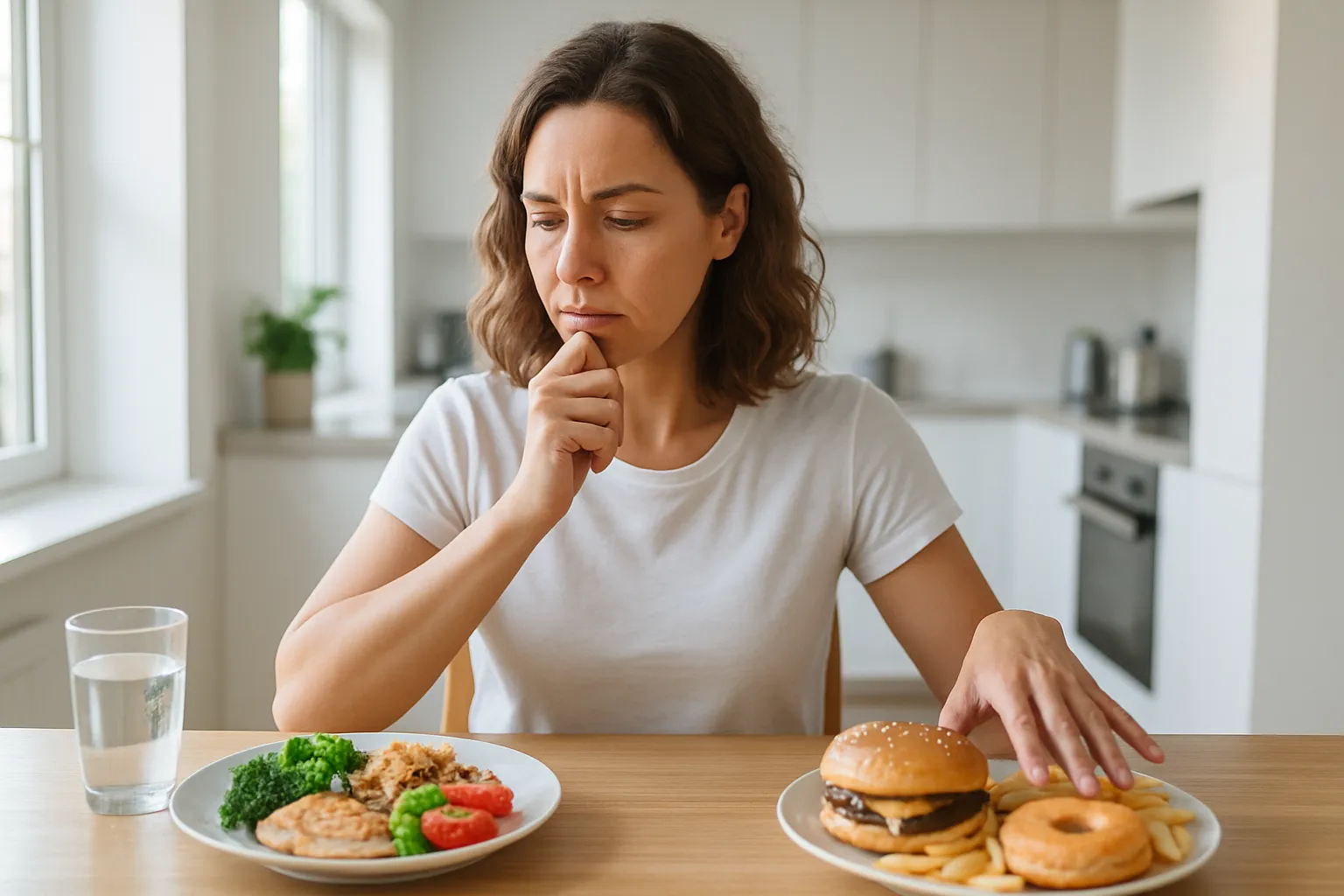 Pessoa sentada à mesa da cozinha em momento de decisão entre refeição saudável e alimentos por compulsão, avaliando fome física real versus fome hormonal emocional, demonstrando consciência alimentar