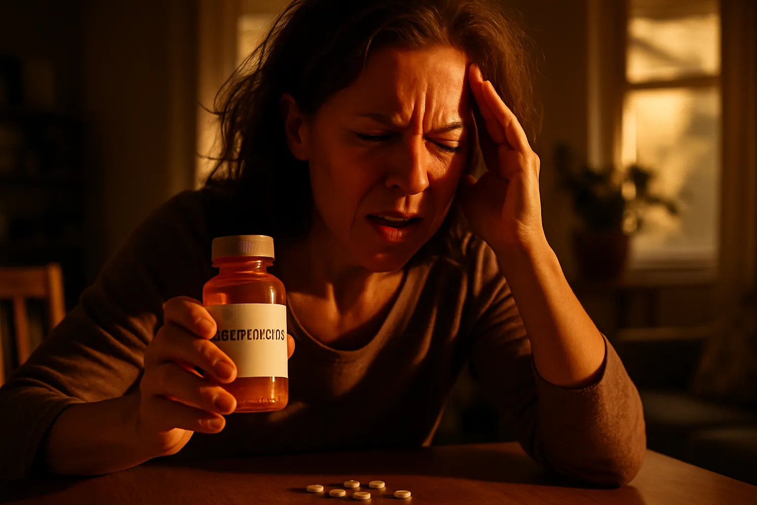 Mulher com expressão de dor segurando a têmpora enquanto segura frasco de levotiroxina, ilustrando dor de cabeça causada por excesso de hormônio tireoidiano