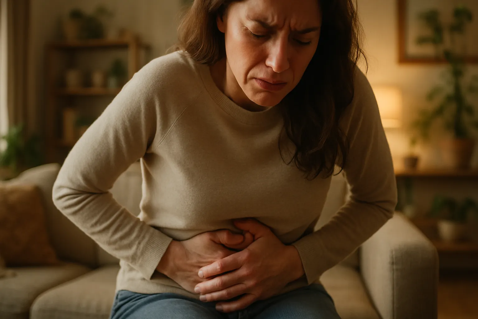 Mulher demonstrando dor pélvica crônica com expressão de desconforto real, mãos pressionando região abdominal inferior