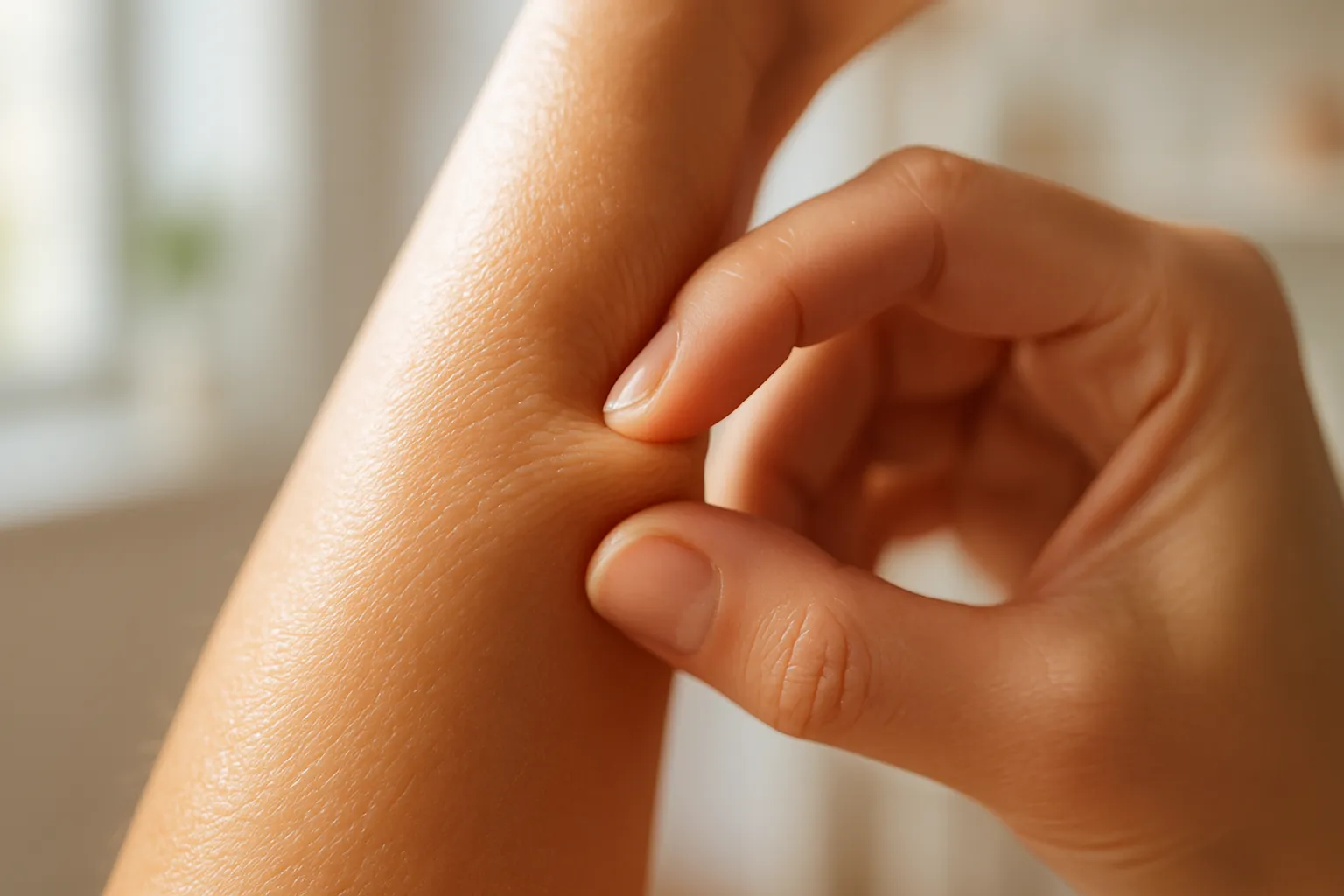 Close-up de teste de elasticidade da pele no antebraço, demonstrando firmeza e hidratação resultantes da suplementação adequada de colágeno e vitamina C