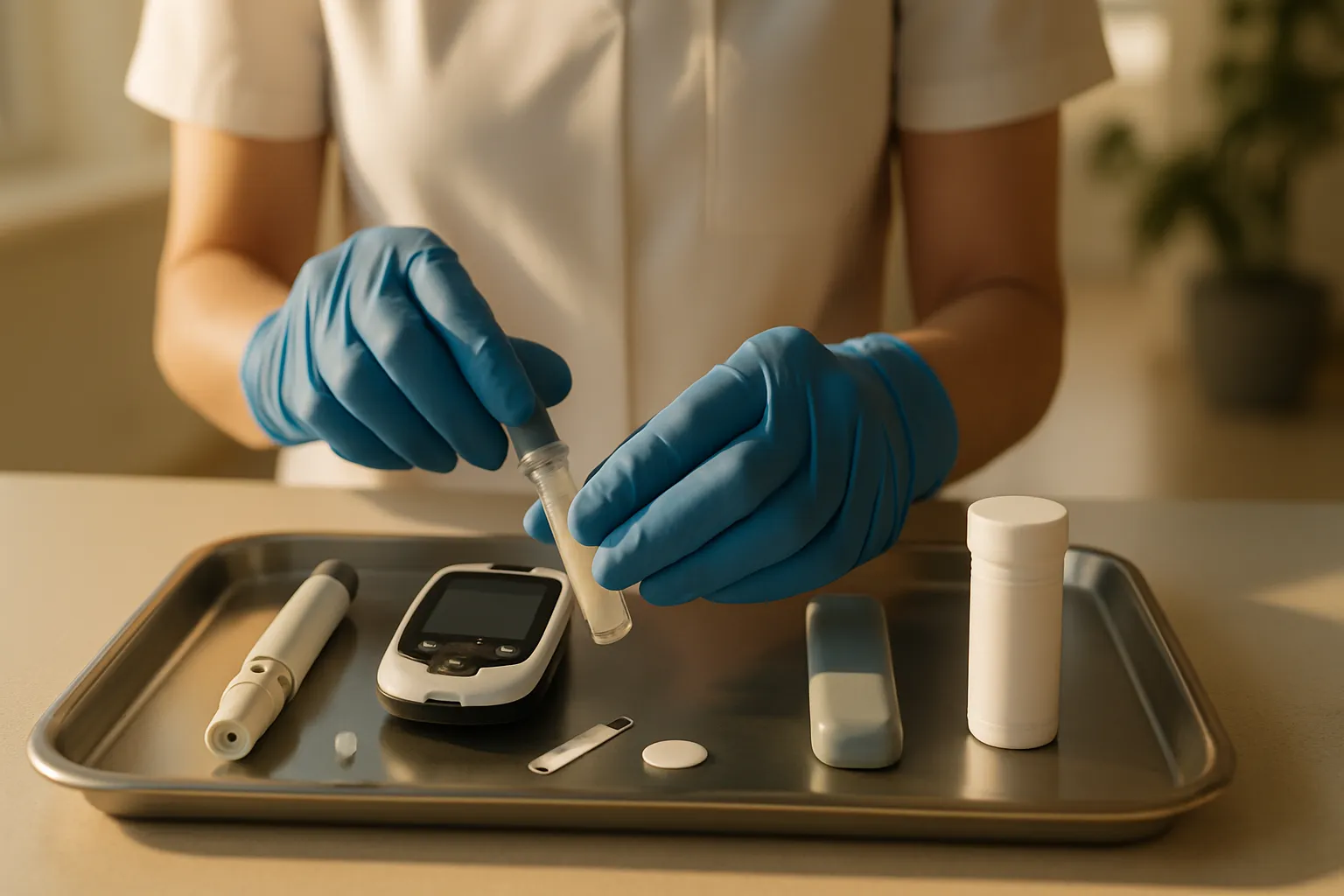 Especialista Preparando Teste de Glicemia e Cortisol Profissional de saúde preparando equipamentos para teste de glicemia e cortisol para investigação de causas metabólicas do suor excessivo