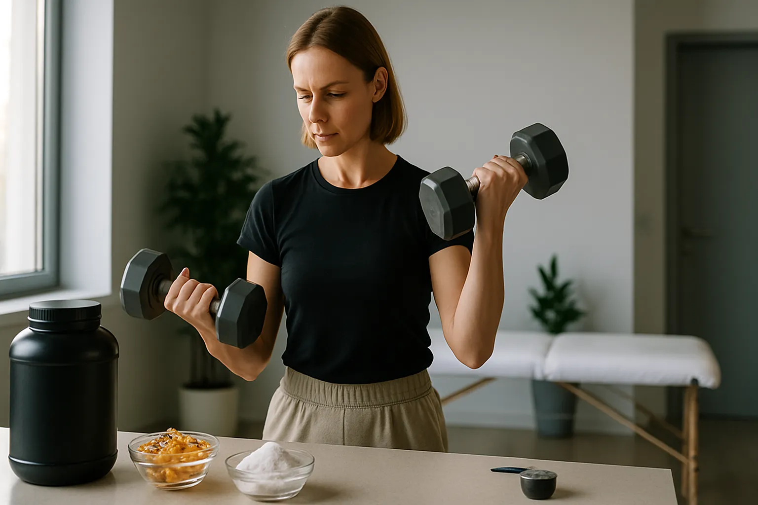 Especialista demonstrando técnica de treino de força progressivo com suplementos de proteína, creatina e ômega-3 posicionados ao lado