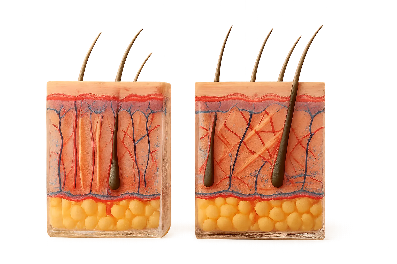 Comparação da Estrutura da Pele Feminina e Masculina Demonstração educativa comparando a estrutura anatômica da pele feminina com fibras de colágeno verticais versus pele masculina com padrão cruzado, mostrando células de gordura nas camadas profundas