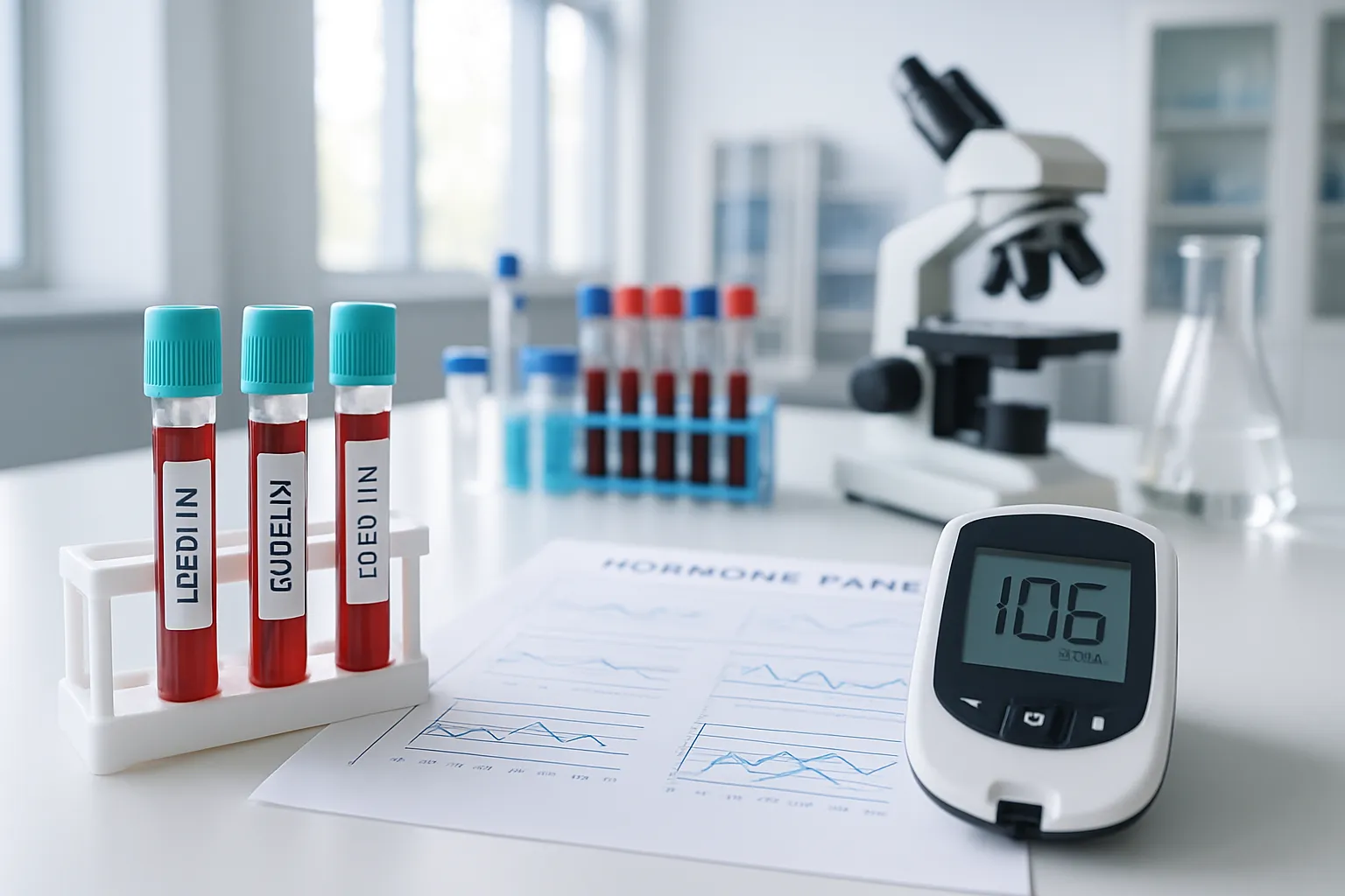 Equipamentos médicos para análise de hormônios da fome incluindo tubos de teste para leptina, grelina e insulina, monitor de glicose e ferramentas de diagnóstico endocrinológico em ambiente clínico iluminado