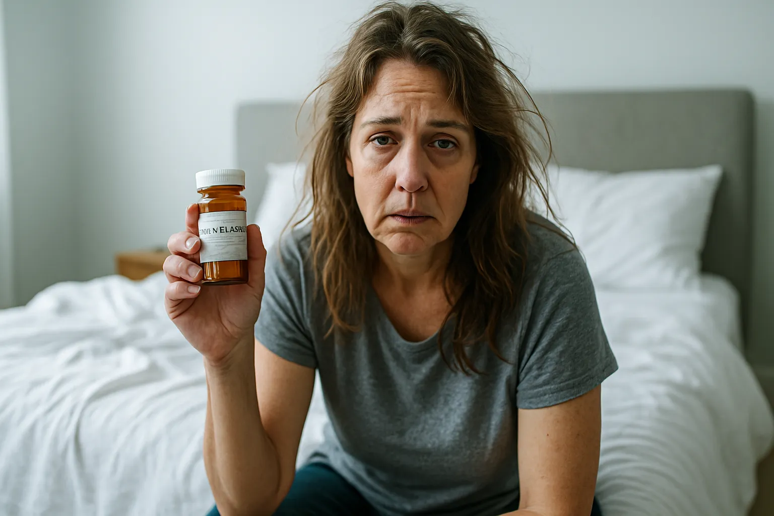 Mulher exausta pela manhã segurando frasco de levotiroxina, mostrando fadiga persistente apesar do tratamento para tireoide