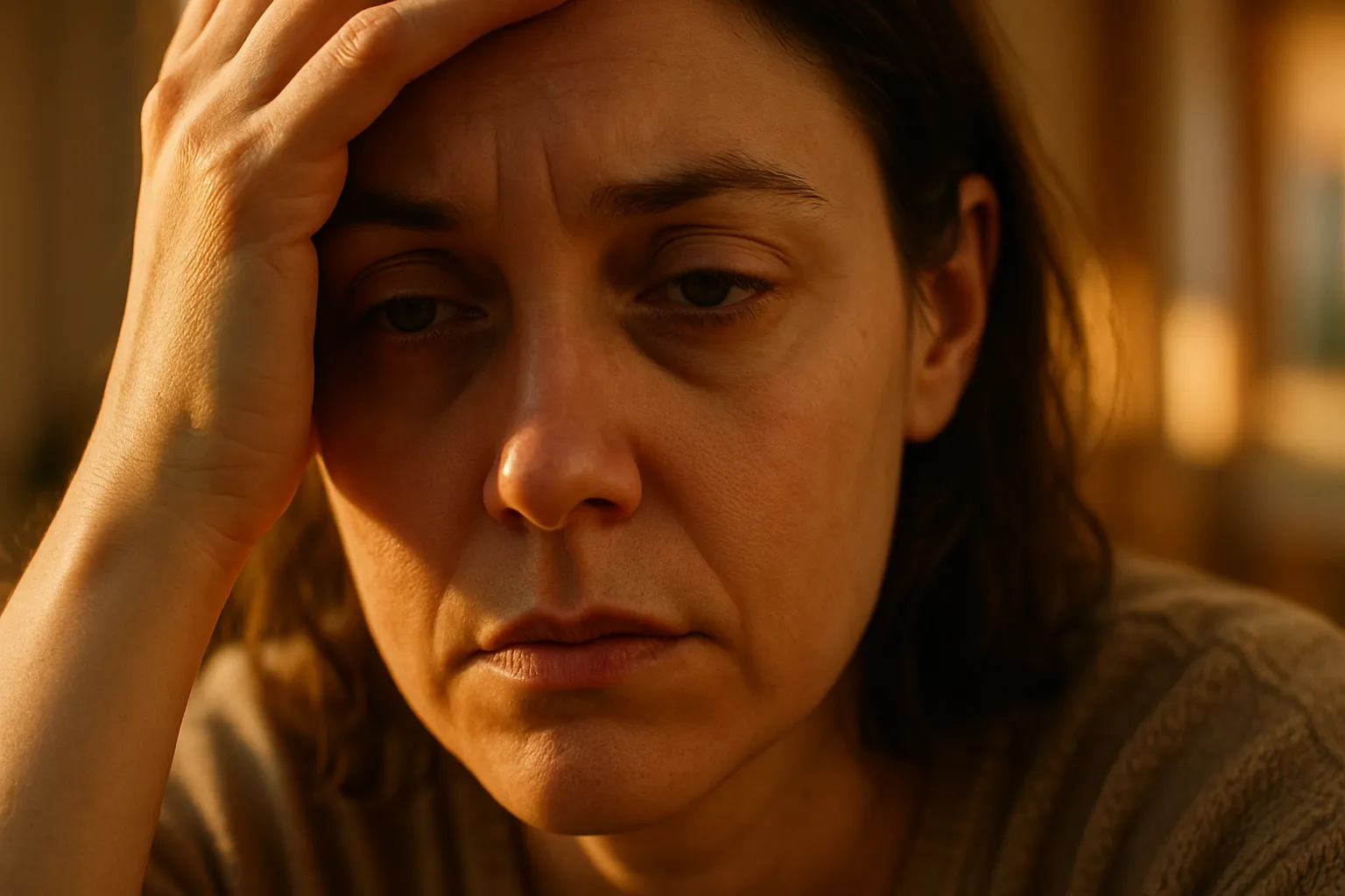 Mulher com expressão de fadiga crônica e névoa mental, sintomas de deficiência de folato ativo, mostrando cansaço extremo e dificuldade de concentração