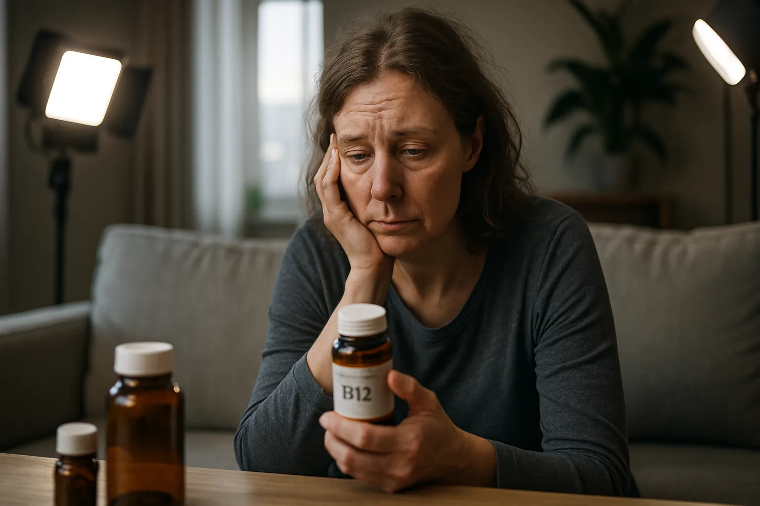 Mulher cansada segurando frasco de vitamina B12 demonstrando fadiga persistente apesar da suplementação