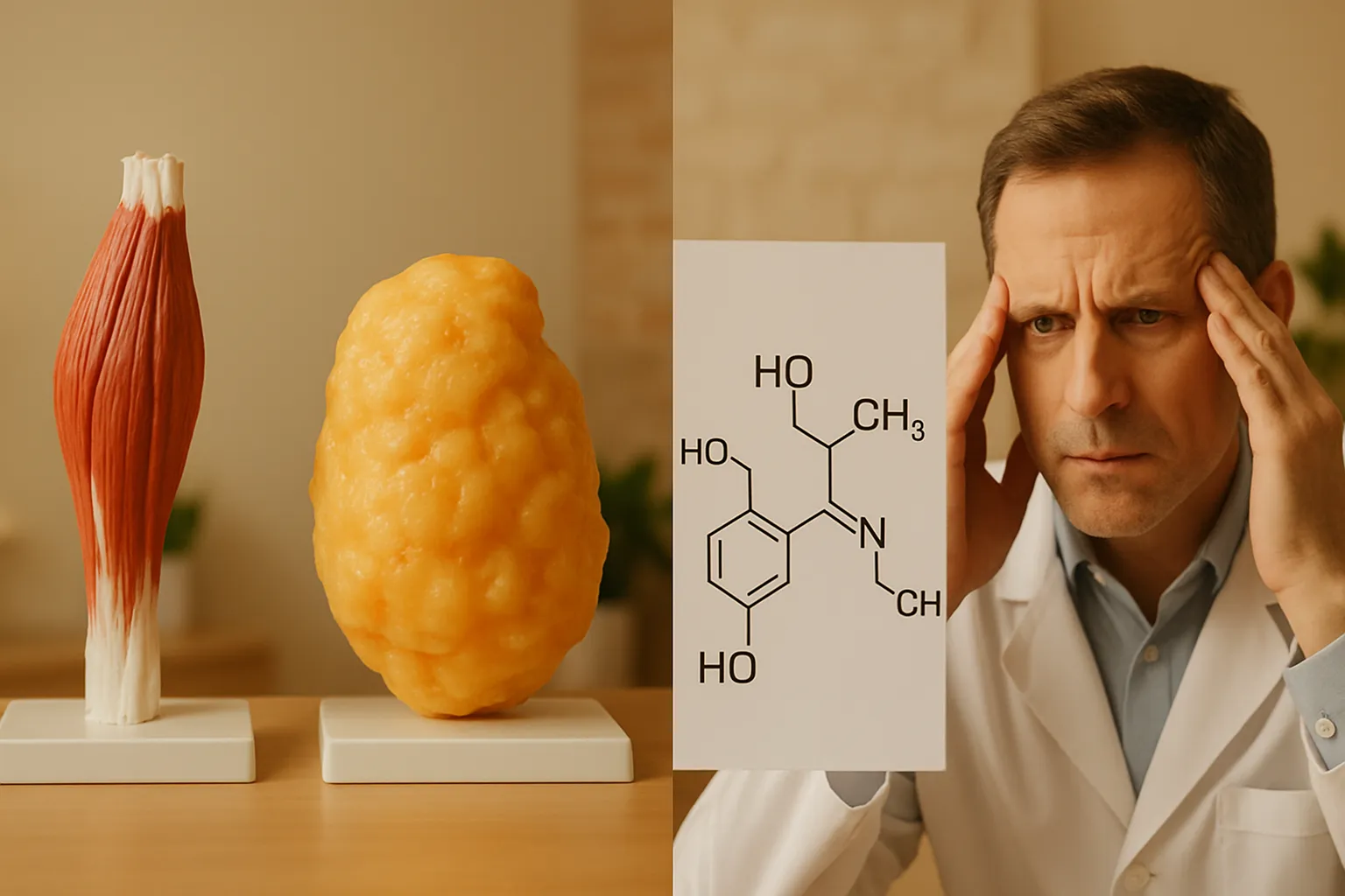 Fatores que Desaceleram o Metabolismo Comparação visual dos fatores que causam desaceleração metabólica: perda muscular, hormônios tireoidianos e cortisol elevado