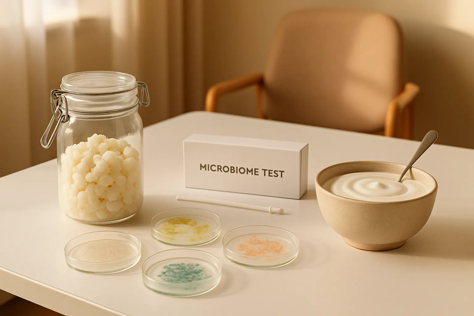 Kit de análise de saúde intestinal com grãos de kefir frescos, amostras de culturas probióticas e iogurte caseiro em ambiente clínico acolhedor