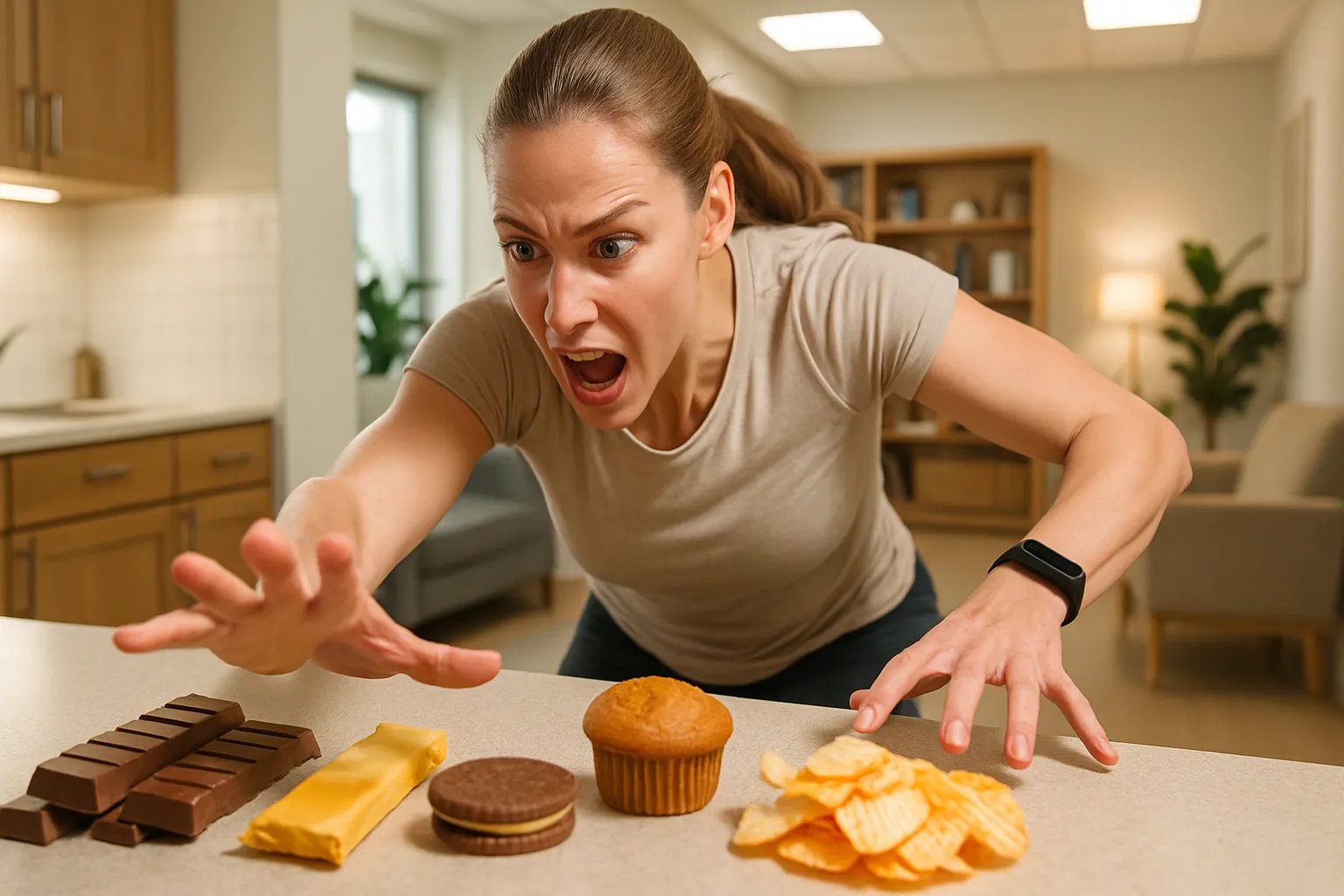 Ação Dupla – Fissura por Alimentos Específicos Pessoa experimentando fissura súbita por alimentos específicos, ilustrando os sinais reveladores da fome emocional e a busca por conforto através de doces