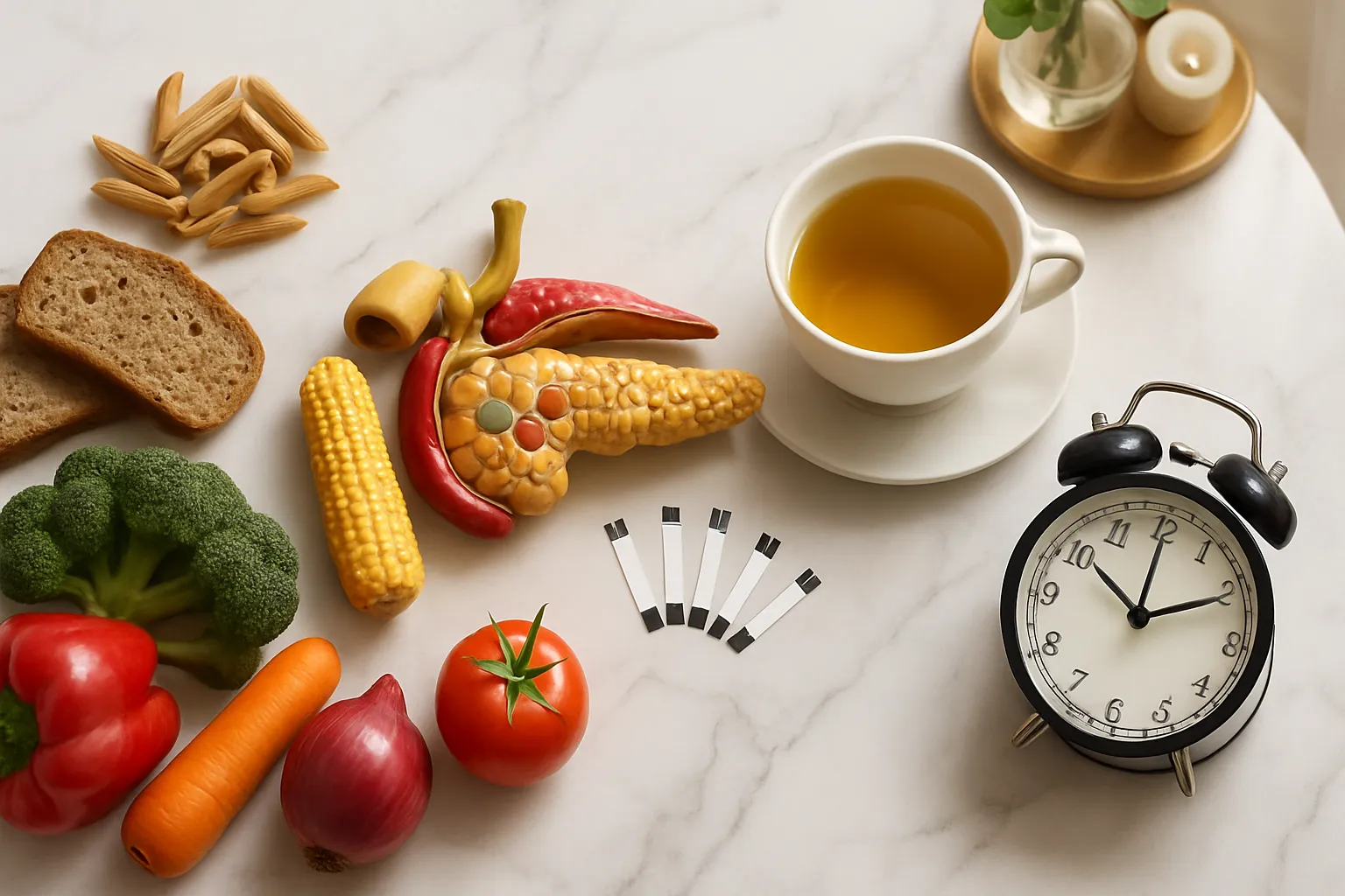 Composição flat lay em mármore branco mostrando equilíbrio metabólico entre alimentos que estimulam insulina e itens relacionados ao jejum, com modelo anatômico de pâncreas ao centro