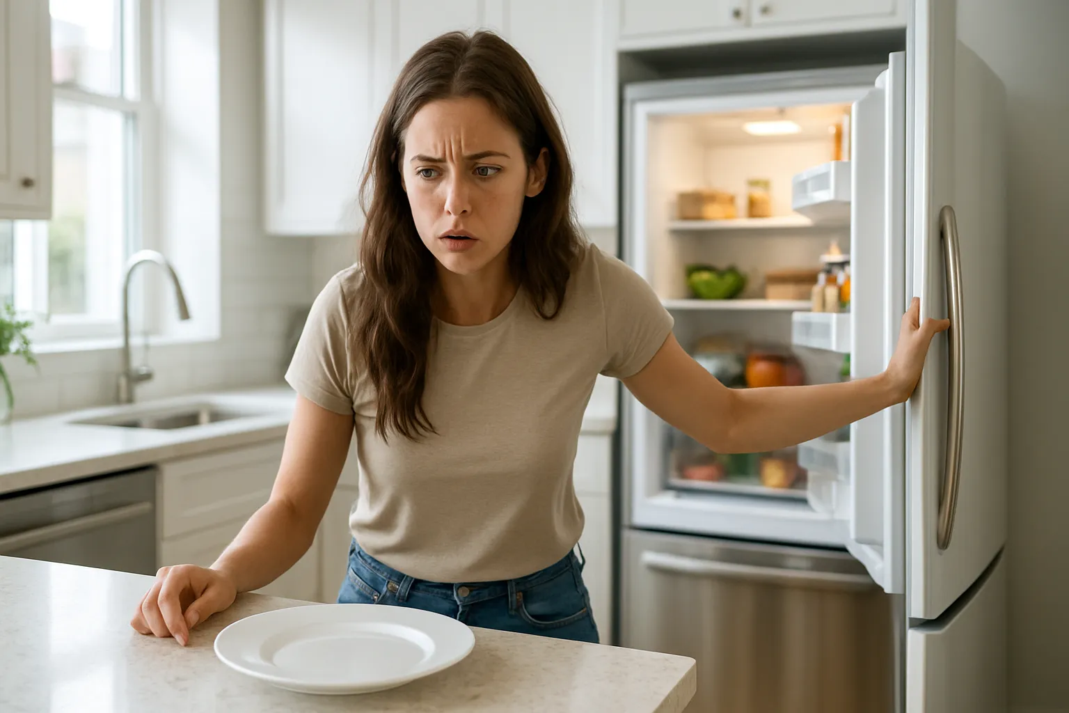 Mulher jovem em cozinha moderna demonstrando frustração ao sentir fome apenas duas horas após refeição completa, abrindo geladeira em busca de comida, ilustrando sintomas de resistência à leptina