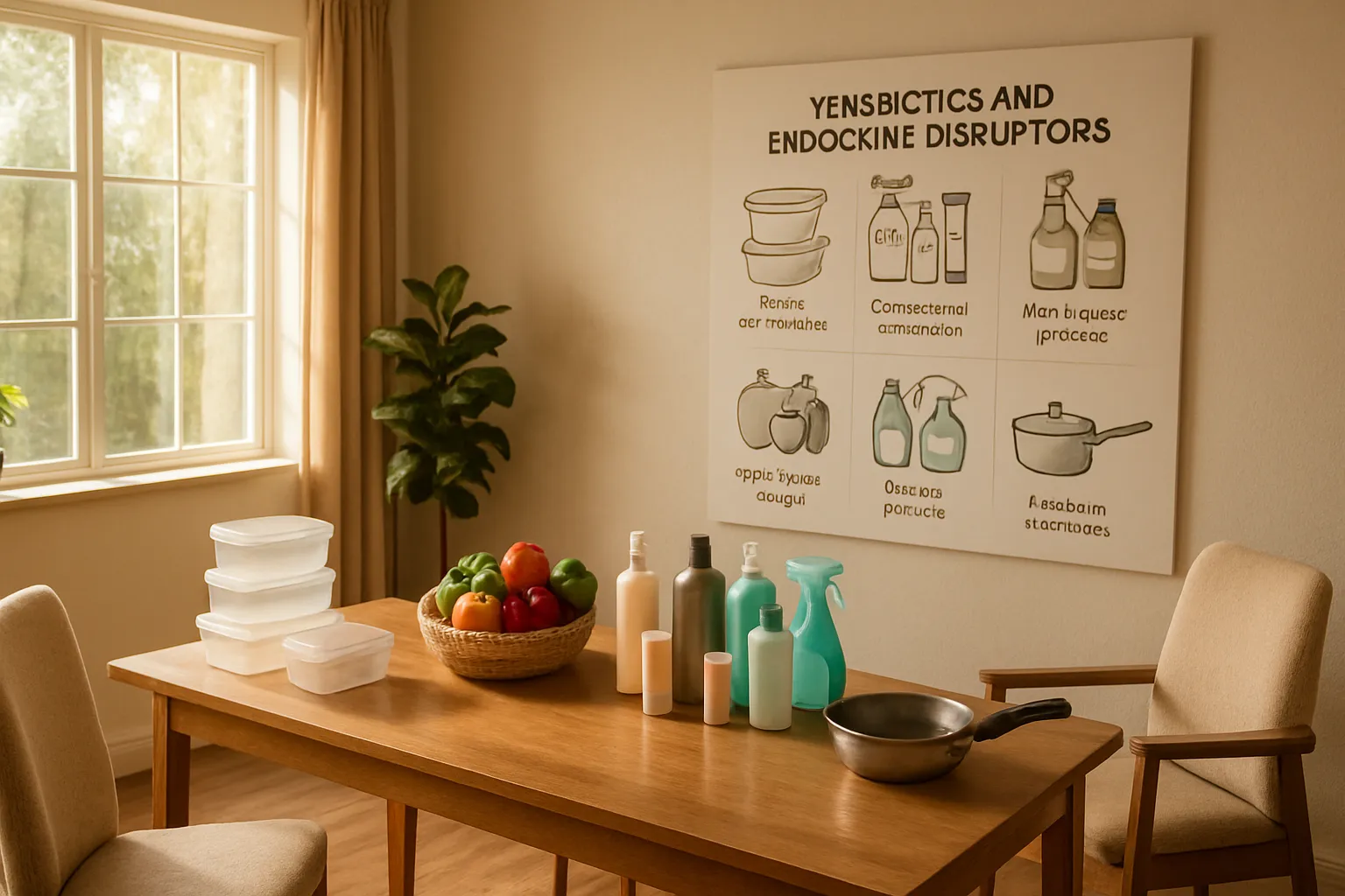 Fontes Cotidianas de Toxinas Ambientais Sala de consulta acolhedora mostrando fontes comuns de toxinas do cotidiano incluindo recipientes plásticos, cosméticos convencionais, produtos de limpeza químicos e utensílios de alumínio em exposição educativa sobre xenobióticos