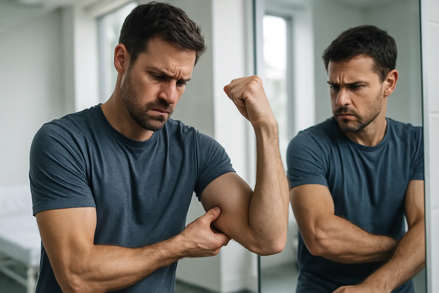 Homem atlético frustrado examinando seus músculos no espelho, demonstrando desapontamento com a estagnação dos resultados de treino