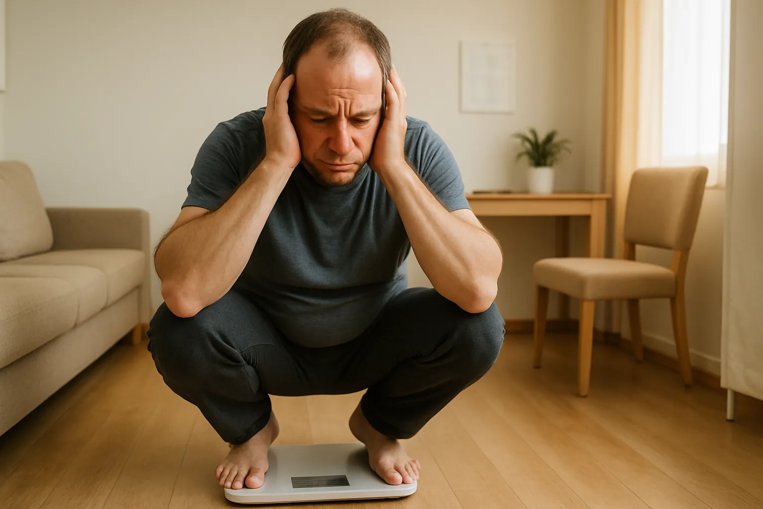Pessoa frustrada em balança mostrando dificuldade em emagrecer devido ao metabolismo lento