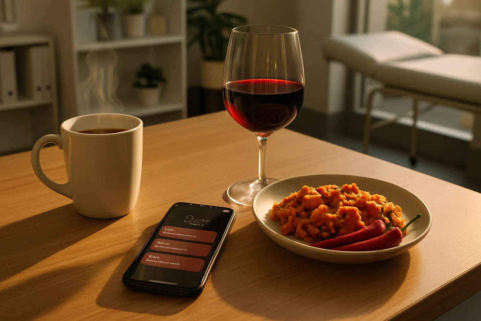 Gatilhos comuns de ondas de calor incluindo café, álcool, alimentos picantes e fontes de estresse, representando fatores modificáveis do estilo de vida